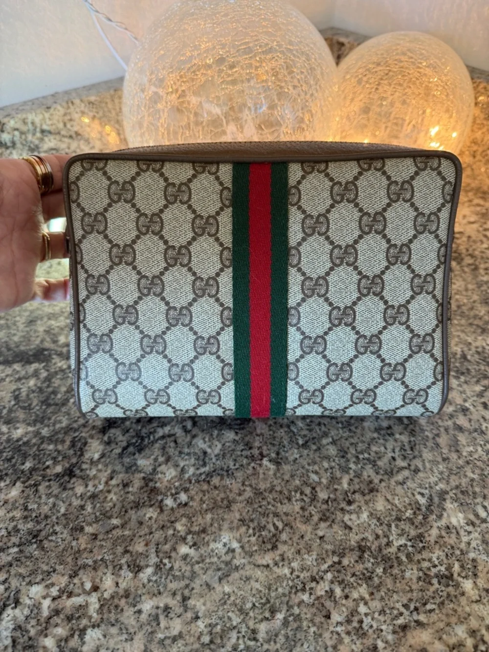 Vintage Gucci Beige GG Supreme Clutch with Green and Red Stripe